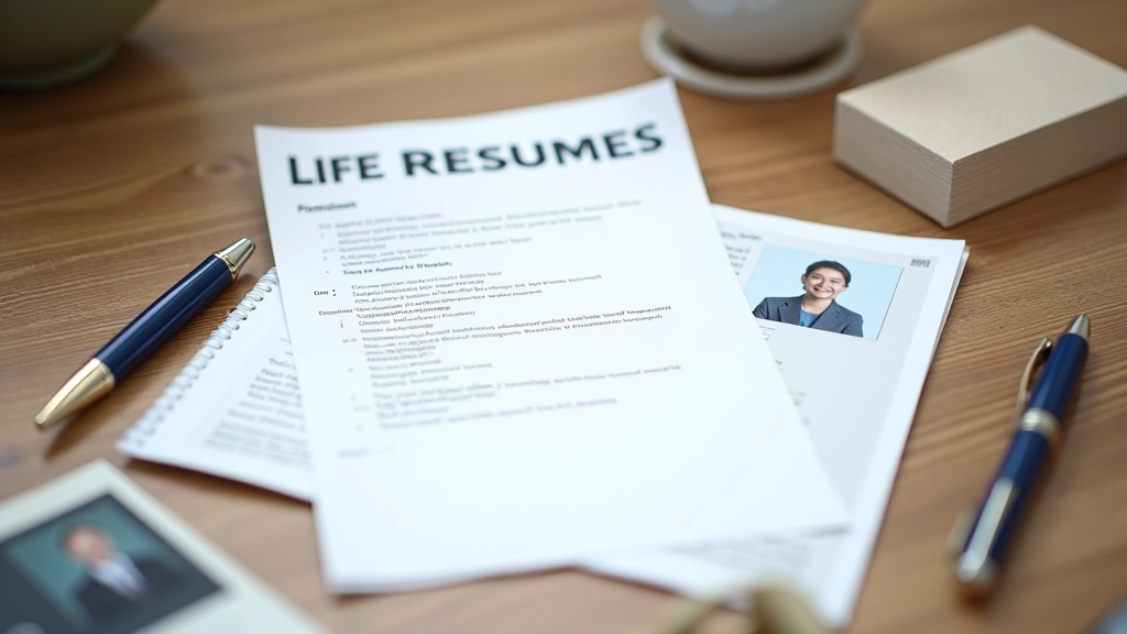 Professional headshots and business cards arranged on wooden table with resume copies and professional portfolio materials, organized layout showing personal branding elements