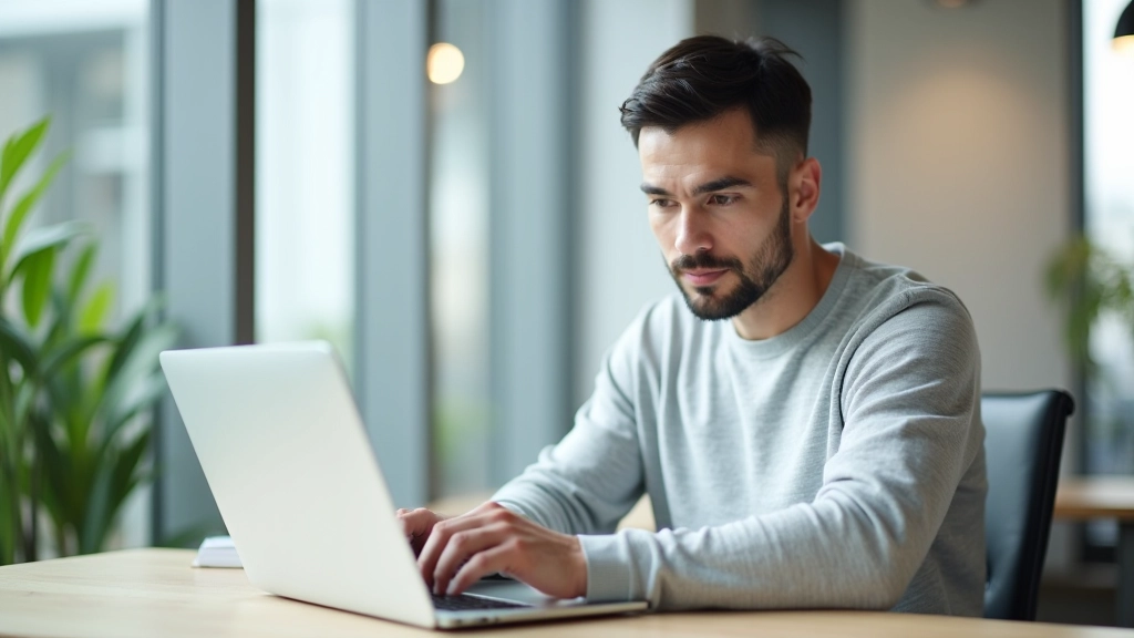 Career professional reviewing LinkedIn profile on laptop screen in modern office setting, focused work environment with coffee cup and notebook visible