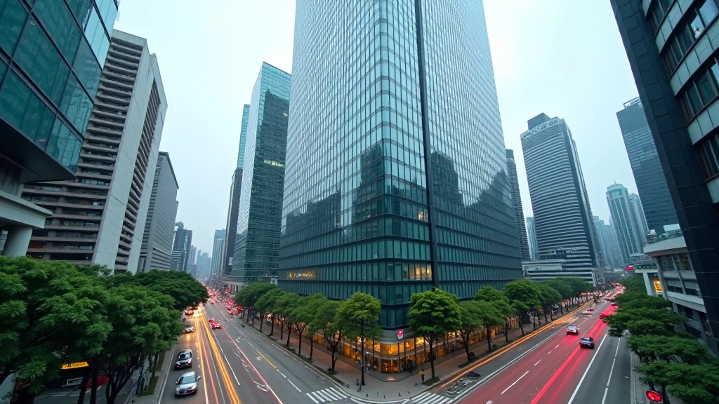 Modern office building in Central Hong Kong with glass facade and city skyline, professional environment for career coaching