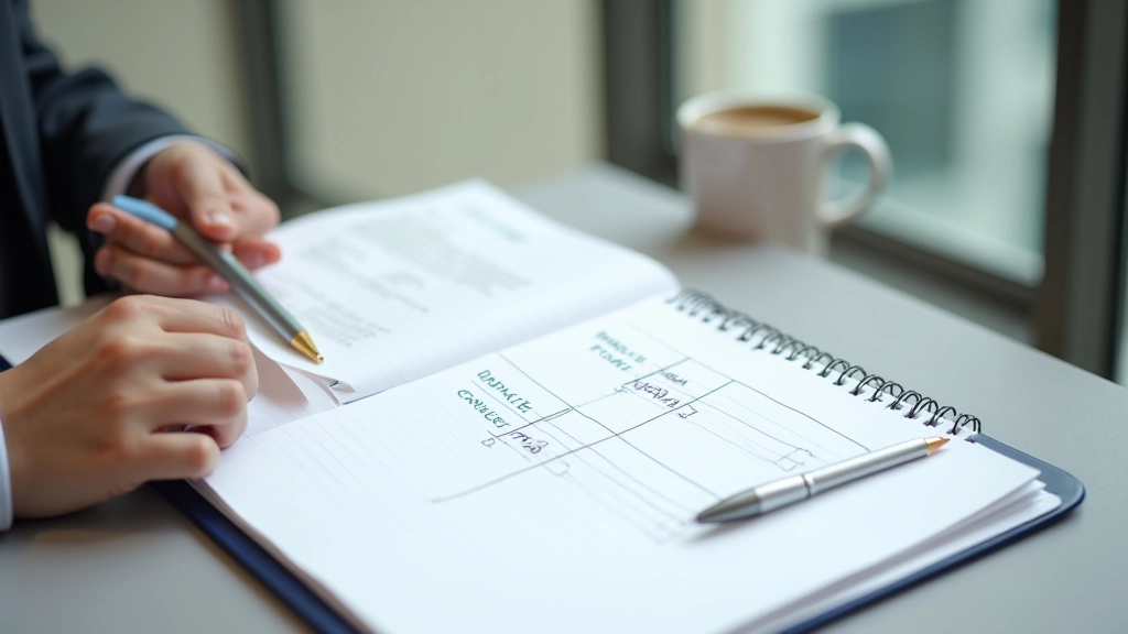 Professional making career transition, two paths diverging, notebook with career planning notes and timeline