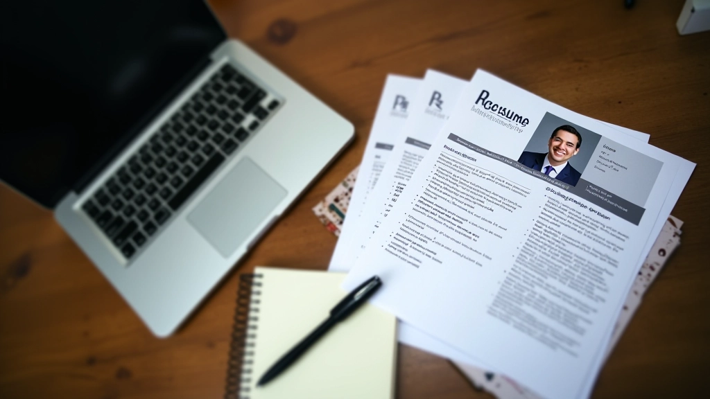 Personal branding workspace with laptop, resume draft, and professional headshot on desk, organized workspace