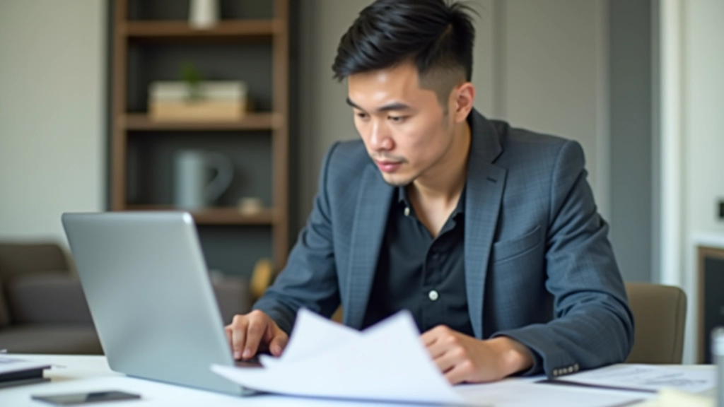 Person reviewing personal branding materials and professional development documents at desk with laptop
