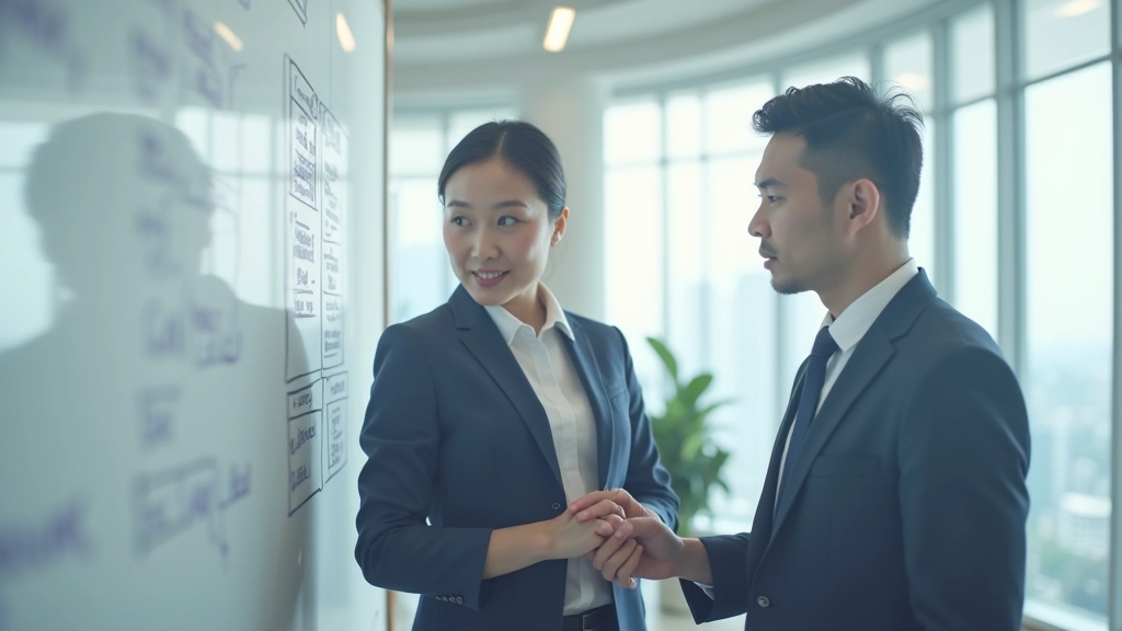 Professional discussing career strategy with visual planning board and goal-setting framework