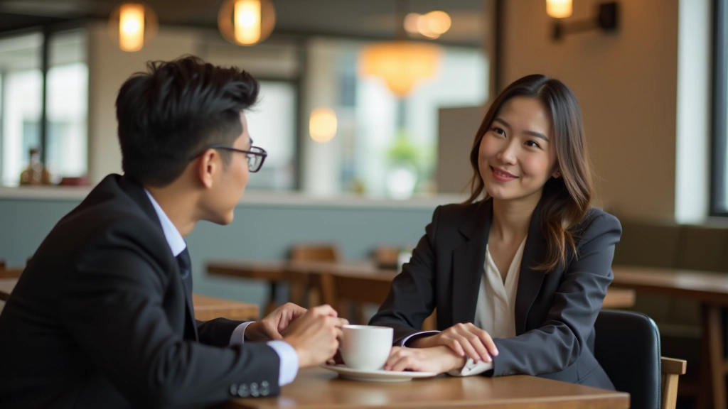 Professional networking coffee meeting between two colleagues discussing career transition