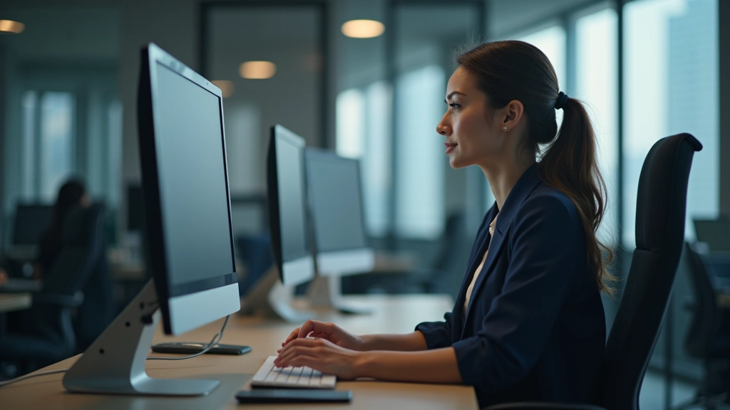 Person working at desk with multiple screens displaying professional portfolio, planning document, and achievement tracking spreadsheet with analytics