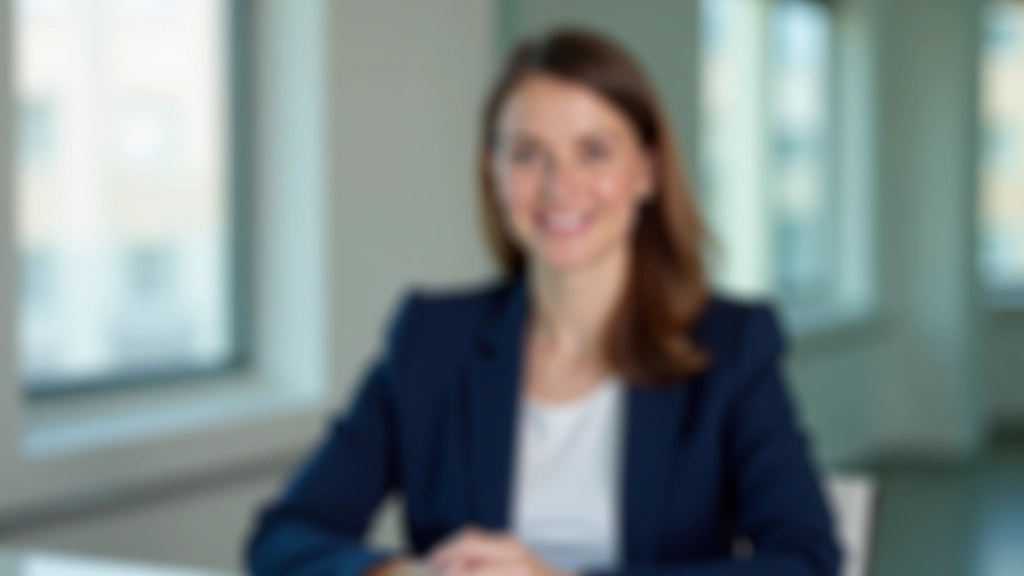 Professional woman in business attire at modern desk with computer and portfolio materials, confident expression, bright office environment