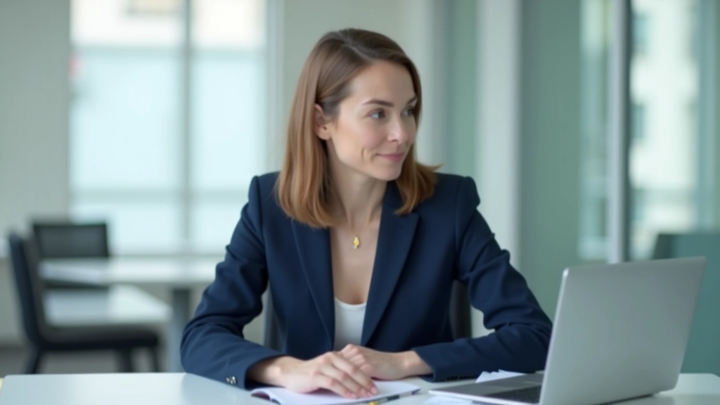 Professional woman in blazer working at modern desk with laptop and notebook, focused expression, bright office environment