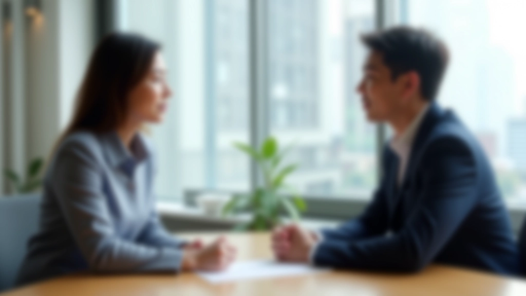 Career coach and client in professional conversation, seated at modern table in bright meeting room