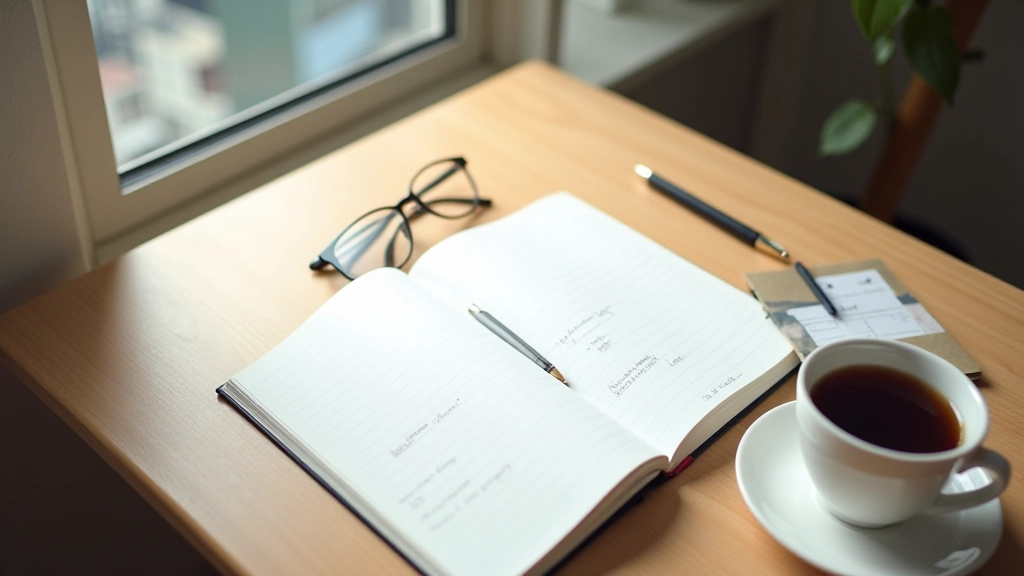 Organized workspace with notebook, pen, and strategic planning documents, bright natural lighting, clean desk setup